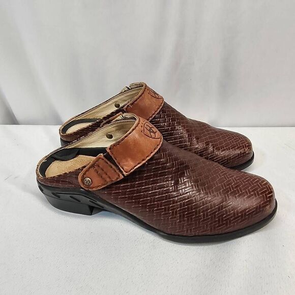 Ariat Women's 9 Brown Leather Woven Rattan Weave Slingback Clog Mules Comfort - Picture 2 of 9